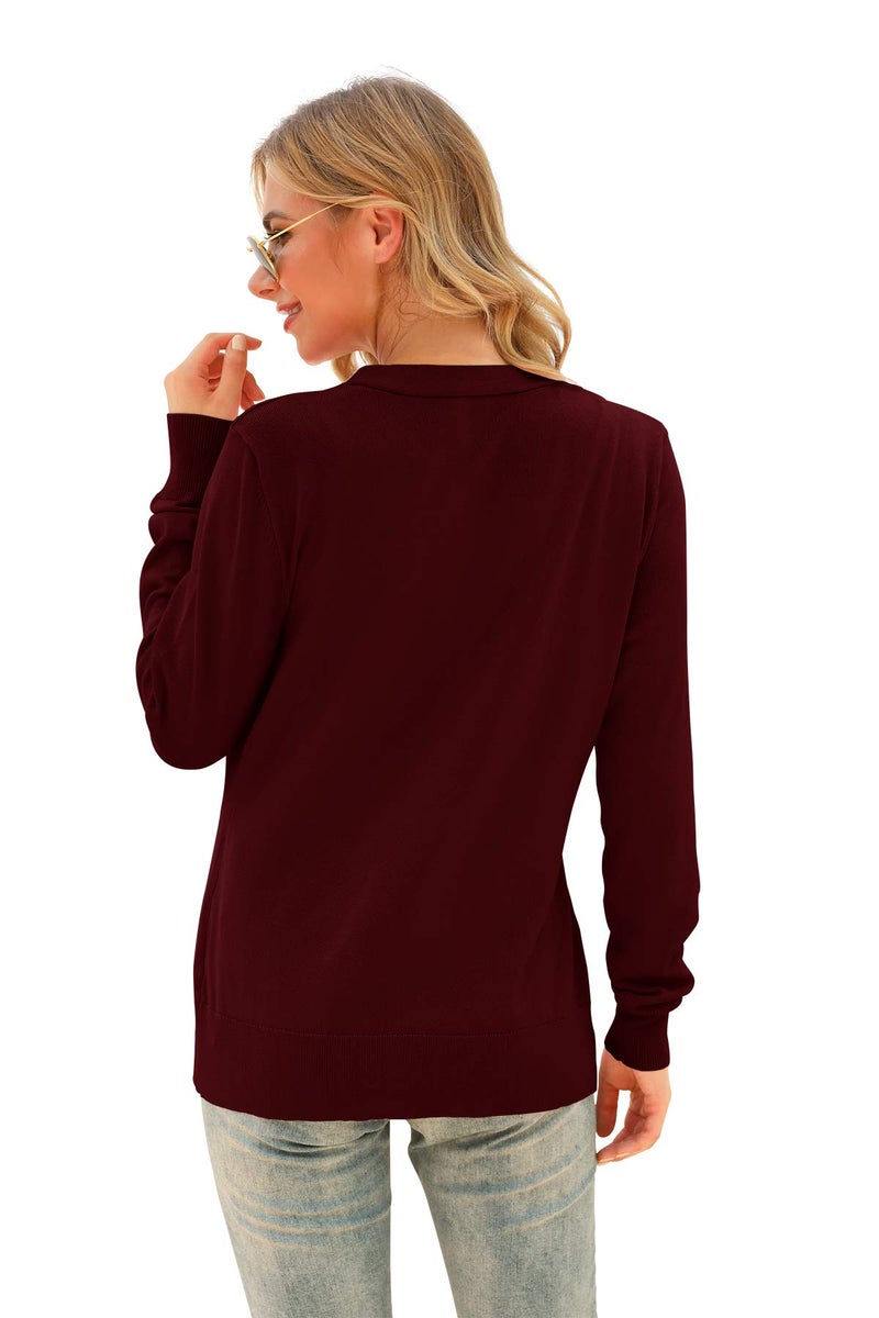 VIISHOW Women's Women's Long Sleeve Button Down Vee Neck Classic Sweater Knit Cardigan, Wine red, Large - Image 4